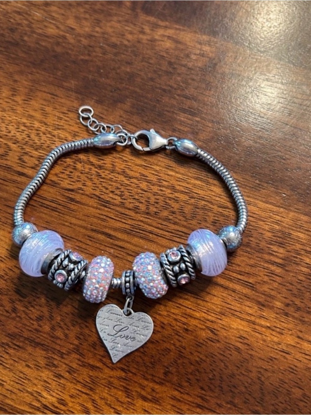 Silver Bracelet with Pink Beads and Heart Charm